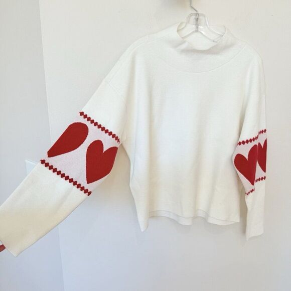 Anthropologie Maeve CARYS Mock Neck Sweater Womens Medium M Red Hearts Oversized - Picture 6 of 13